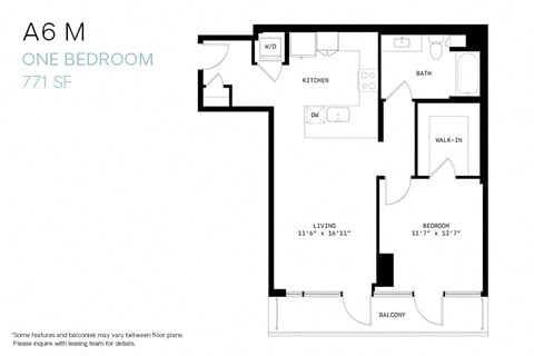 Floor plan for 1 bed, 1 bath, 771 sqft